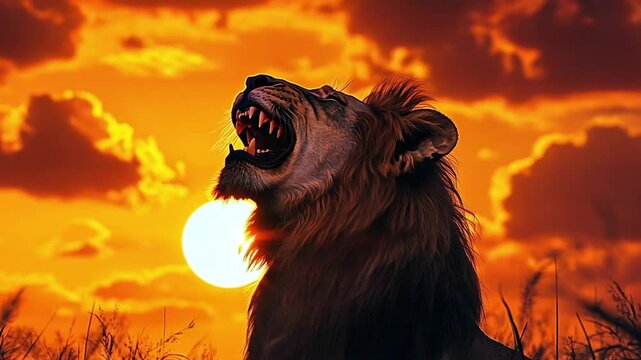 A lion roaring against a vibrant sunset backdrop, showcasing nature's beauty and power footage