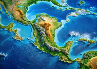 Central America's political map: a panoramic satellite image showcasing precise borders and detailed geography.