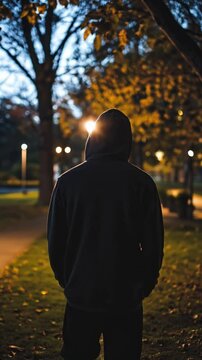 Back view of a suspicious person in hoodie walking through a shadowy park at night, vertical footage