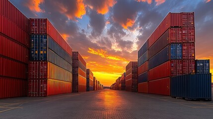 Shipping containers at sunset, cargo terminal, vibrant colors, dramatic sky