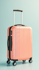 minimalist travel luggage bag in a radiant peach color, set against a pristine white background, evoking feeling of a sunny summer morning, with cabin size suitcase exuding
