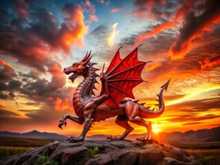 Epic battle photography showcases a defiant Welsh dragon sculpture ablaze.