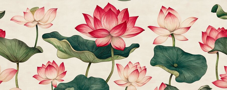 A serene pattern featuring pink lotus flowers blooming atop green leaves against a soft background.