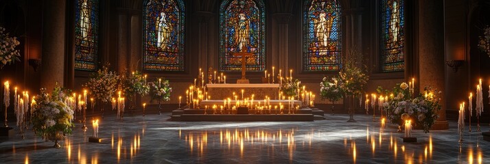 Obraz premium A serene interior of a church with stained glass windows and candles illuminating the altar.