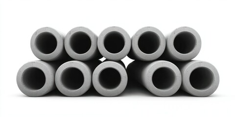 Stack of concrete pipes for building construction and pipeline on white background.