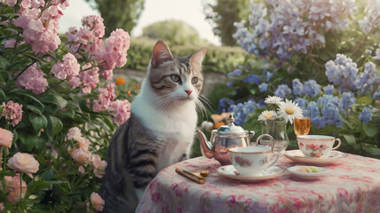 A cat is sitting at a table set for tea in a blooming garden