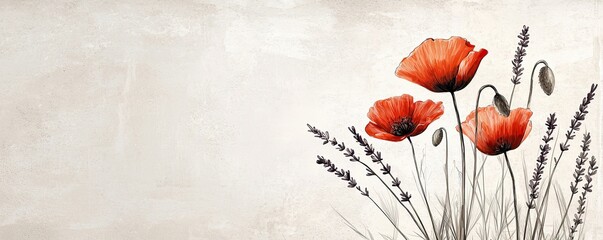 A serene image featuring vibrant red poppies and delicate grasses against a soft, neutral backdrop.
