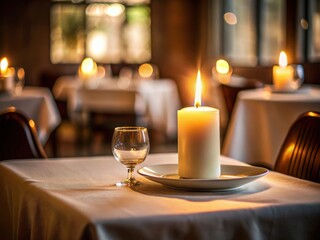 Intimate candlelit dinner, softly lit restaurant, high depth of field accentuates the romantic ambiance of a cozy, fine dining experience.