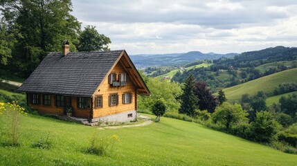 Wooden Cabin on a Hillside with a Panoramic View