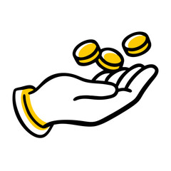 Line drawing of a hand holding coins, symbolizing money, wealth and financial success.Vector icon with dollars and cents for business projects
