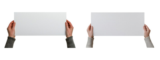 Fototapeta premium Hands Holding Blank White Boards for Text or s, Isolated on White Background, Perfect for Presentations, Advertisements, or Product Mockups