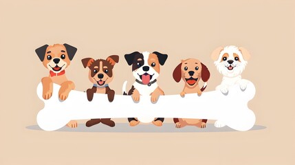 Diverse Group of Happy and Friendly Puppies Posing with Bone