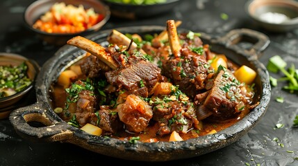 A popular mutton dish in a stone plate on a dark earthen table