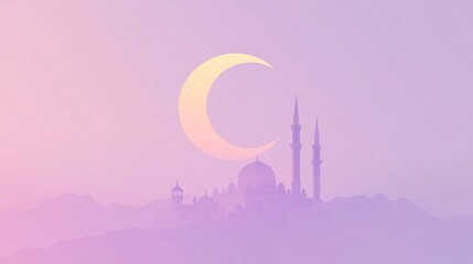 vector illustration a crescent moon and mosque in a light purple gradient background