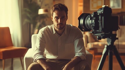 Creative blogger with a professional camera, abstract and clean book illustration style
