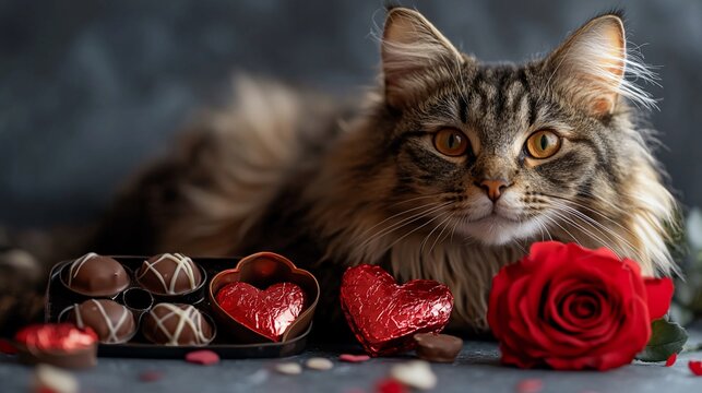 Adorable Maine Coon cat with chocolates and red rose for Valentine's Day.