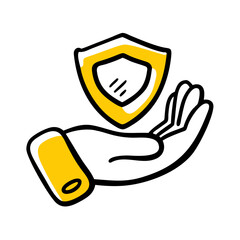 Contour drawing of two hands embracing a shield with a flag inside.Vector linear icon symbolizing protection and safety.