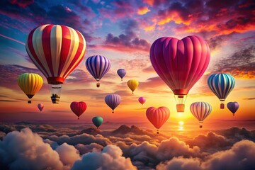 Fototapeta premium Paper hearts and an origami hot air balloon create a dreamy Valentine's Day sky.