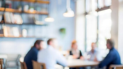 A blurred image of professionals having informal discussions in a cafe-style setting.
