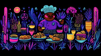 Fototapeta premium A Neon Chef Serves Delicious Food Amidst Vibrant Flora
