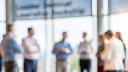 A soft blur of leaders networking during a seminar or leadership workshop.

