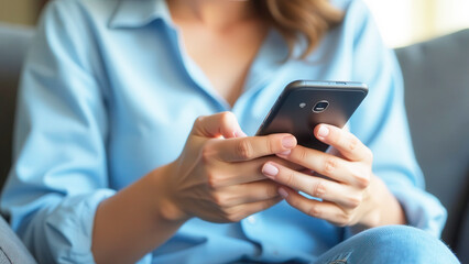 Office worker is using smartphone, browsing internet and social media
