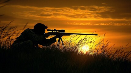 Silhouetted sniper aiming rifle at sunset.