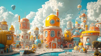 Obraz premium Whimsical Retro-Futuristic Cityscape: A Joyful, Pastel-Colored Vision