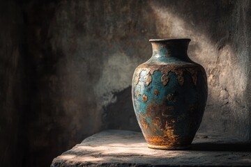 Aged Teal And Gold Vase On Dark Surface
