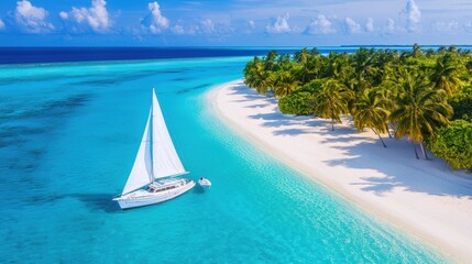 Obraz premium A tranquil tropical scene featuring a sailboat cruising through clear blue waters with a sandy beach and lush palm trees in the background.