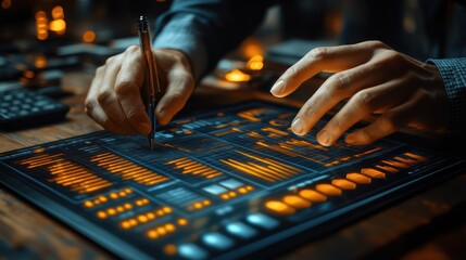 Man analyzes data on digital tablet, night office