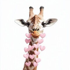 Playful Giraffe Smiling with Pink Hearts, Cheerful Animal Portrait with Unique Expression in a Light Background