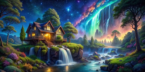 Fototapeta premium Surreal cottage, waterfall's magic, forest whispers, stars above, a fantasy night.