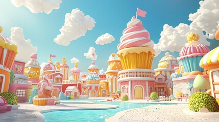 Fototapeta premium Whimsical Candy Cupcake Town: A Delightful Pastel Landscape