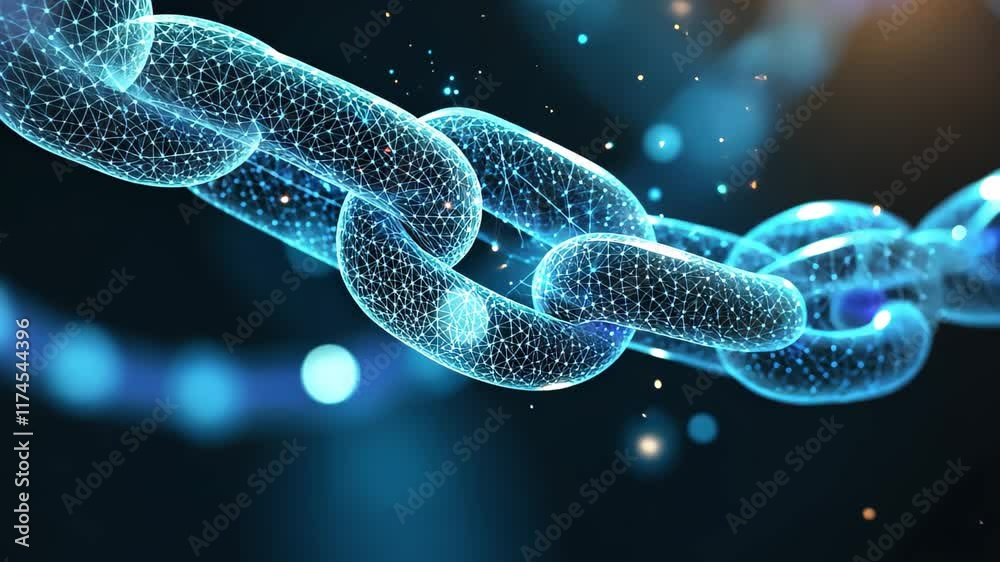 Poster glowing blue chains representing blockchain technology against a dark background, blockchain technol