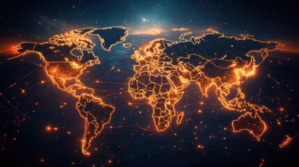 Global network connections at sunrise, digital earth map