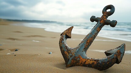 Close-up of a rusted anchor with visible cracks and wear resting on a sandy beach, symbolizing damage and neglect. Maritime and nautical themes, aging and decay concepts.