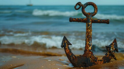 Fototapeta premium Close-up of a rusted anchor with visible cracks and wear resting on a sandy beach, symbolizing damage and neglect. Maritime and nautical themes, aging and decay concepts.