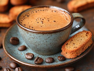 Espresso in rustic blue cup, biscotti nearby. Perfect for coffee, breakfast, or Italian themes.