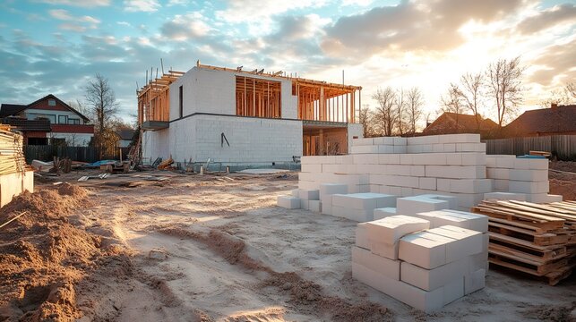 Construction site with unfinished building and aerated concrete blocks at sunset