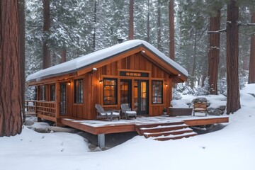 Cozy wooden cabin nestled in a snowy winter wonderland forest