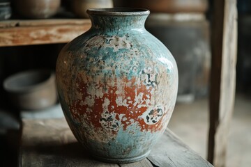 Antique Ceramic Vase With Distressed Paint