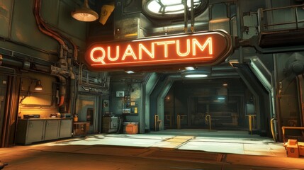 Cyberpunk Corridor with Glowing Quantum Signage