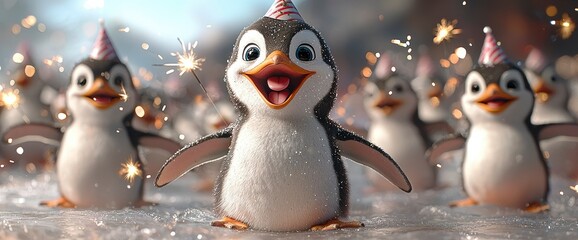 Happy Penguins Celebrating with Sparkles