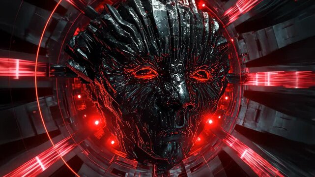 Evil AI hive mind with red rays emanating in a dark cybernetic void, Evil AI hive mind red rays morphing 3d seamless
