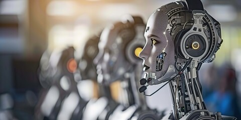 Fototapeta premium Rows of futuristic robots with sleek designs and headsets, highlighting technological advancement 