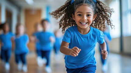 Happy girl running in school hallway, kids running background.  Possible use educational