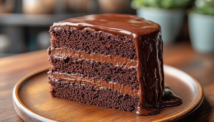 Rich, decadent chocolate cake slice, drizzled with ganache. Perfect for menus, blogs, or dessert advertisements.
