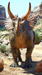Fototapeta premium A realistic depiction of a Triceratops in a natural landscape.