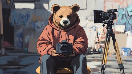 Blogger recording video content with professional camera 
